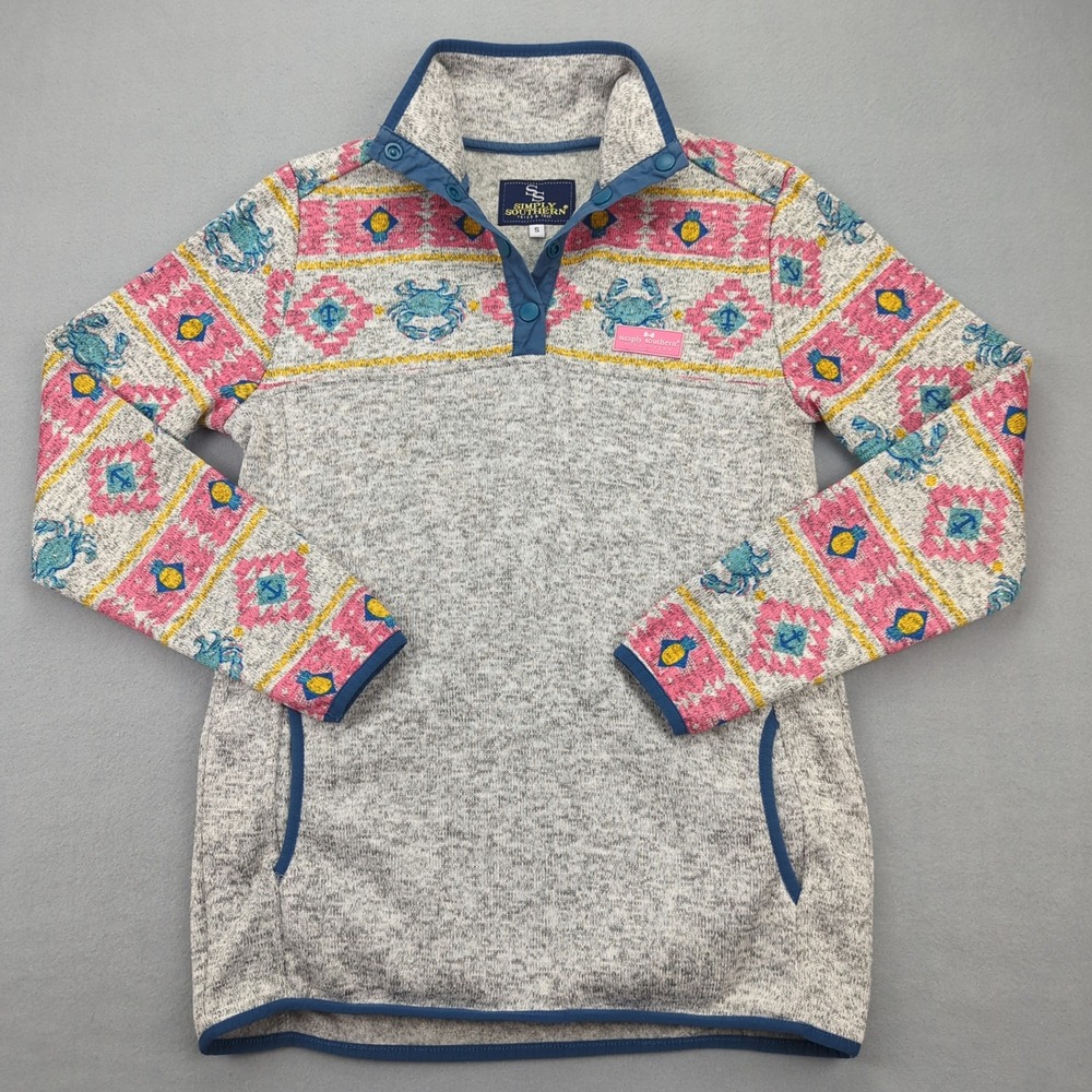 Simply Southern Pullover Womens Small Gray Pink Blue Crab Print Aztec Preppy - Picture 2 of 12